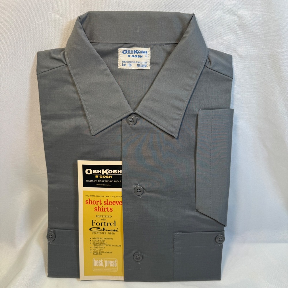 Vintage OshKosh BGosh Best Prest Gray Short Sleeve Work Shirt Medium 60s NOS